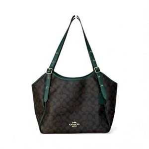 Coach Meadow Tote CM076 Signature Canvas Brown Green Trim Excellent